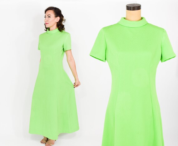 1970s Lime Green Dress | 70s Textured Bright Green