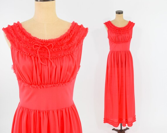 60s Red Nightgown | Ruffle Trim Long Slip Nightgow
