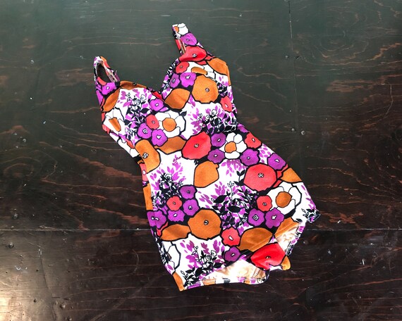 1960s Floral Print Swimsuit | 60s Mod Pink One Pie