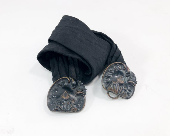 30s Silk Belt | 1930s Art Deco Black Floral Brass