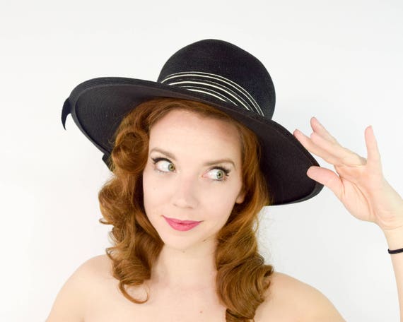 60s Wide Brim Hat | Mod Black Straw Summer Sun Hat