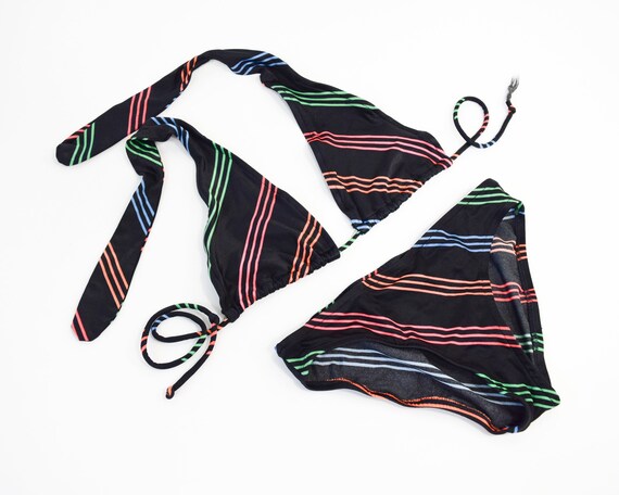 1980s Bikini Swimsuit | Colorful Striped Black Tri