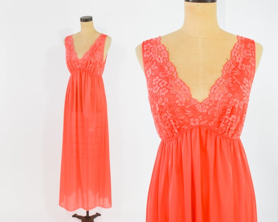 1960s Orange Nightgown | 60s Tangerine Lace & Nylo