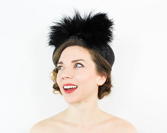 40s Feather Hat | Black Straw Bird of Paradise Fas