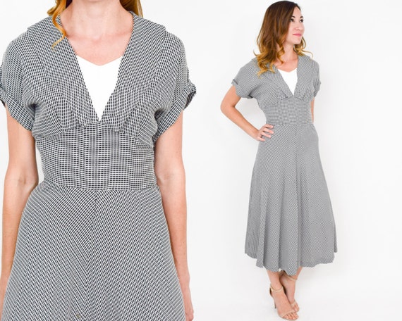 40s Day Dress | Black & White Check Print Rayon Da