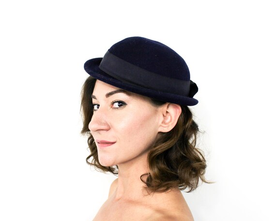 1940s Navy Fedora Hat | 40s Midnight Blue Wool Fel