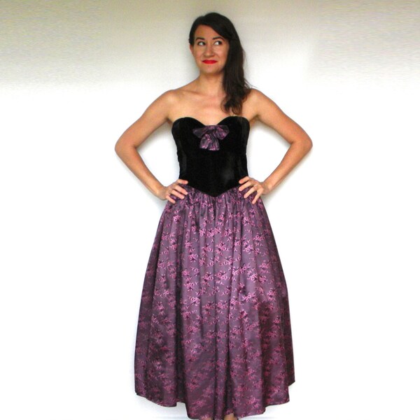 Gunne Sax Evening Gown 80s Black, Purple Party Dress, Strapless Prom Dress, Medium