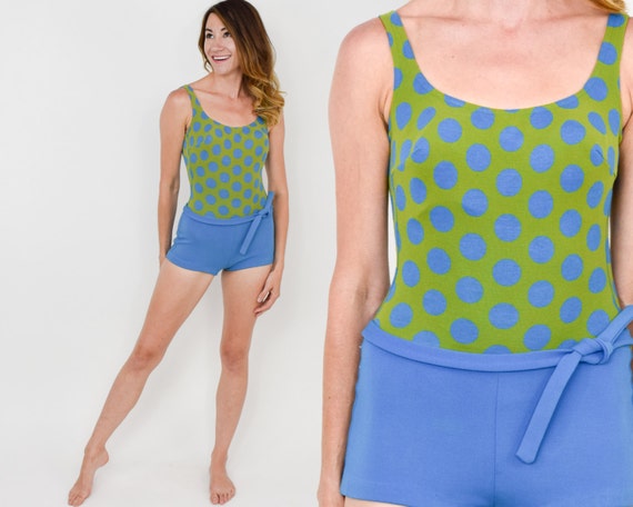 60s Polka Dot Swimsuit | Blue Green Dotted Knit On