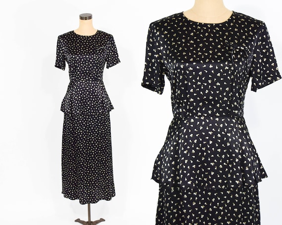 90s Floral Peplum Dress | 40s Style Maxi Dress, Sm