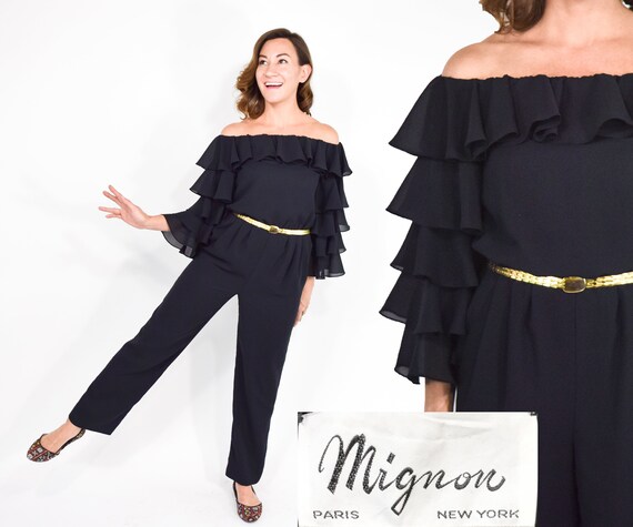 1970s Mignon Black Jumpsuit | 70s Black Chiffon Ru