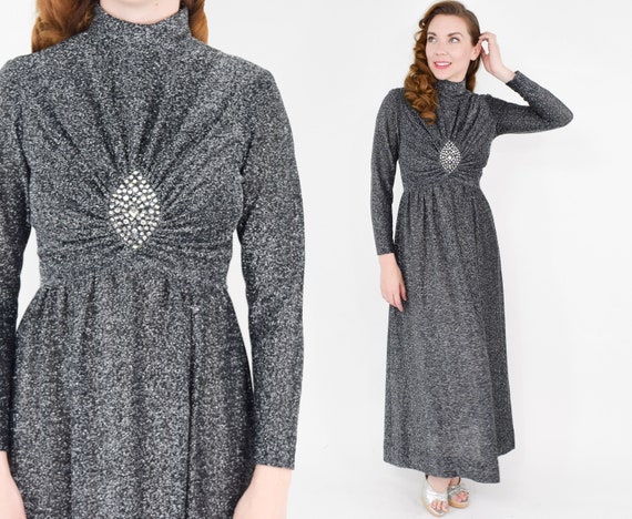 1970s Silver Evening Dress | 70s Metallic Long Sle