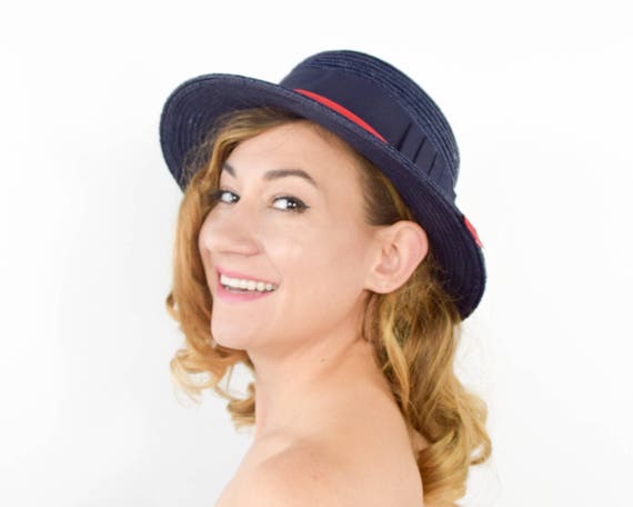 50s Boater Hat | Navy Blue Straw Summer Hat