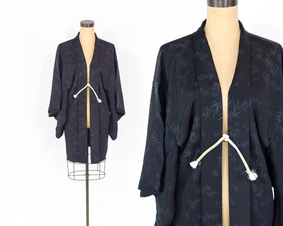 Black Silk Haori Kimono Jacket Vintage Short Kimon