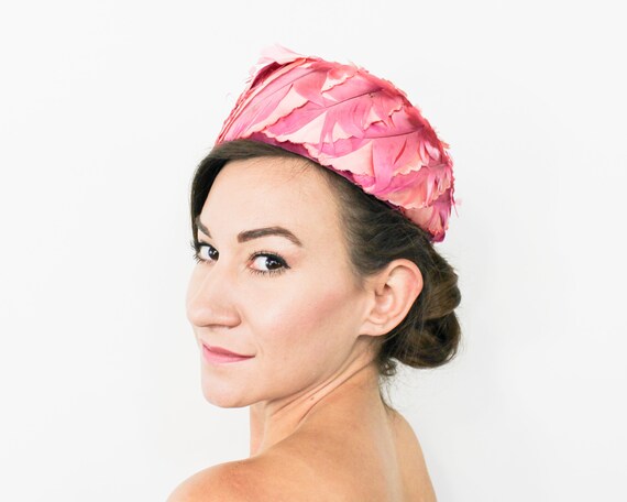 1960s Pink Feather Hat | 60s Mod Ombre Pink Velvet