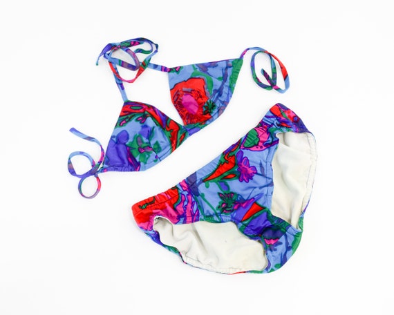 60s Floral Bikini Swimsuit | Blue Purple Print Tri
