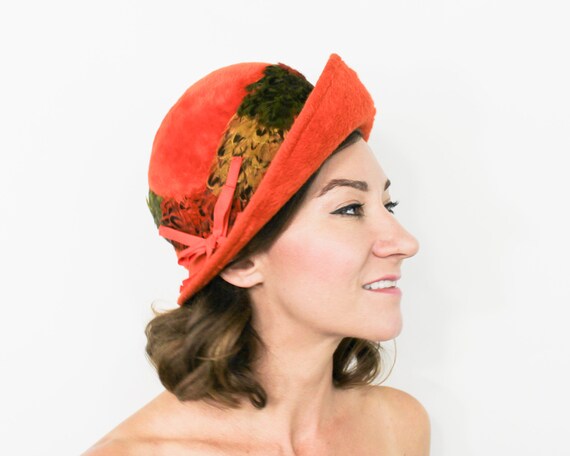 1960s Orange Feather Hat | 60s Mohair Wool Feather