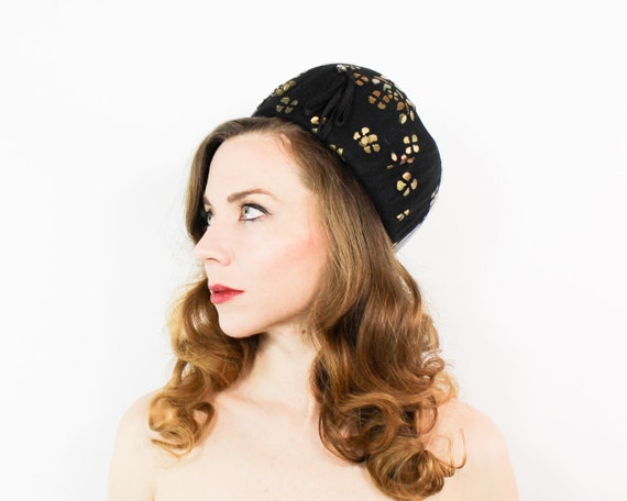 60s Bubble Hat | Black Wool Gold Leaf Bubble Hat