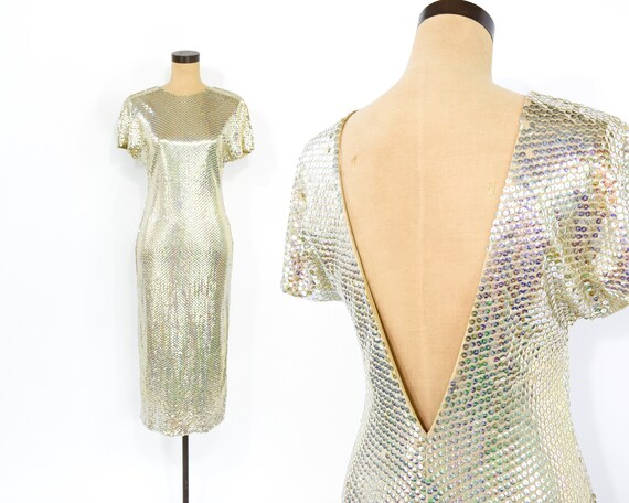 1970s Gold Sequin Dress | Metallic Nude Gold Sequi