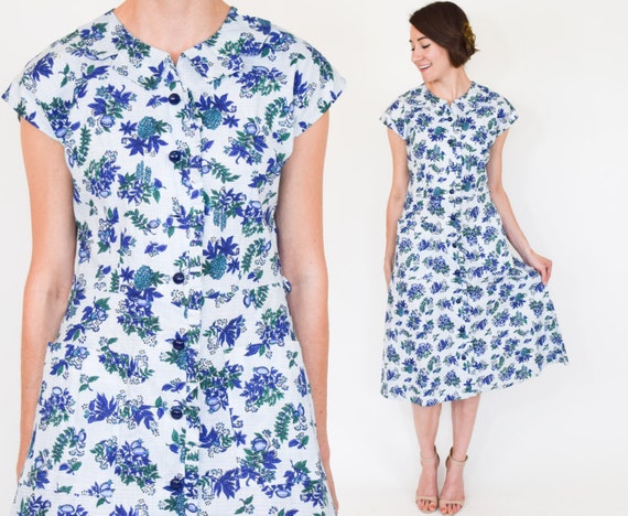 60s Floral Dress | Blue White Petite Floral Print