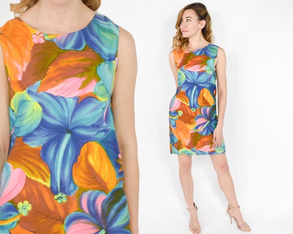 60s Mod Dress | Blue Gold Floral Print Shift Dress