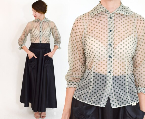 50s Dotted Nylon Blouse | White Green Polka Dot Sh
