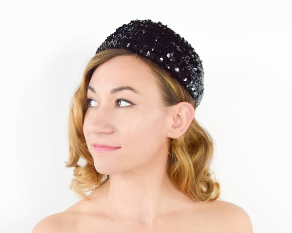 60s Black Sequin Hat | Sequin Pillbox Hat