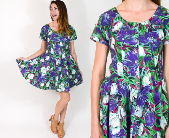 80s Green Floral Dress | Tropical Print Mini Summe