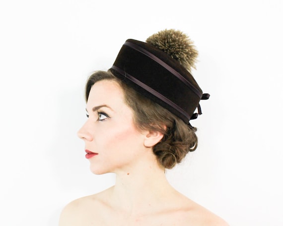 60s Pillbox Hat | Brown Feather & Wool Felt Mod Ha