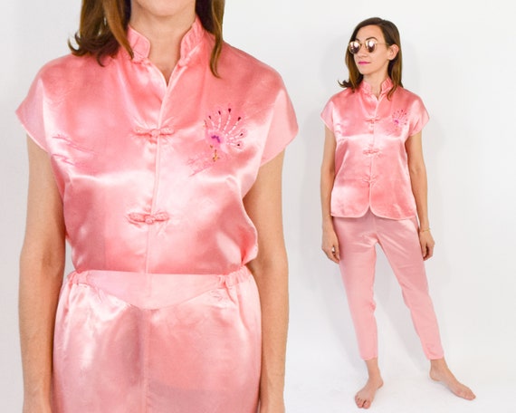1950s Embroidered Pajamas | Midcentury Pink Satin