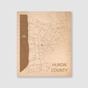 Carte du comté de Huron, art de la carte en bois gravé, cadeau d'anniversaire personnalisé, gravure au laser, art mural du salon, comté de Huron (Ontario) Canada