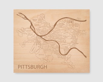 Pittsburgh Map Art, Engraved Wood Neighborhood Map of Pittsburgh Pennsylvania, Customizable Gift