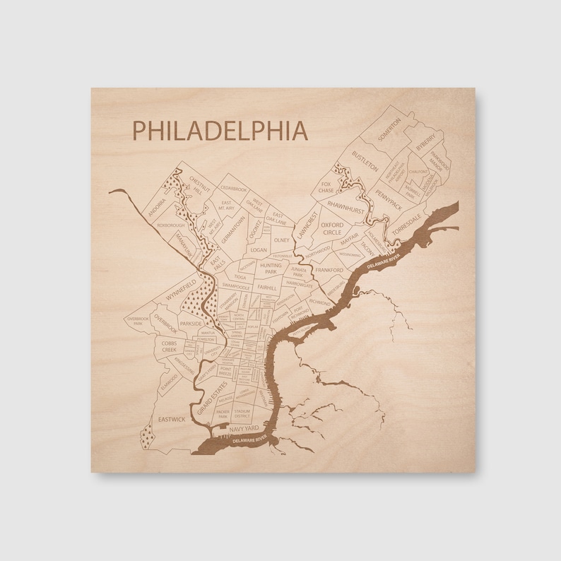 Philadelphia Map Wall Art, Philadelphia Pennsylvania Engraved Wood Neighborhood Map, 5th Anniversary Gift, Realtor Gift image 1