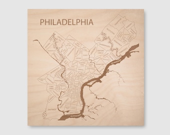 Philadelphia Engraved Wood Neighborhood Map: Pennsylvania Wall Art, Personalized