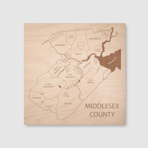 Middlesex County Engraved Wood Map, New Jersey, Personalized Gift