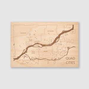 Carte de quatre villes - Davenport, Bettendorf, Moline, Rock Island, carte de quatre villes de l'Iowa et de l'Illinois - Art de la carte personnalisée - 8 x 12