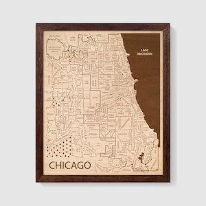 Art mural quartier de la région de Chicago, ville d'art en bois, carte de Chicago encadrée, carte en bois Chicago Illinois, cadeaux en bois personnalisés, art de la carte personnalisé
