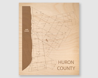 Huron County Map, Engraved Wood Map Art, Custom Anniversary Gift, Laser Etching, Living Room Wall Art, Huron County Ontario Canada