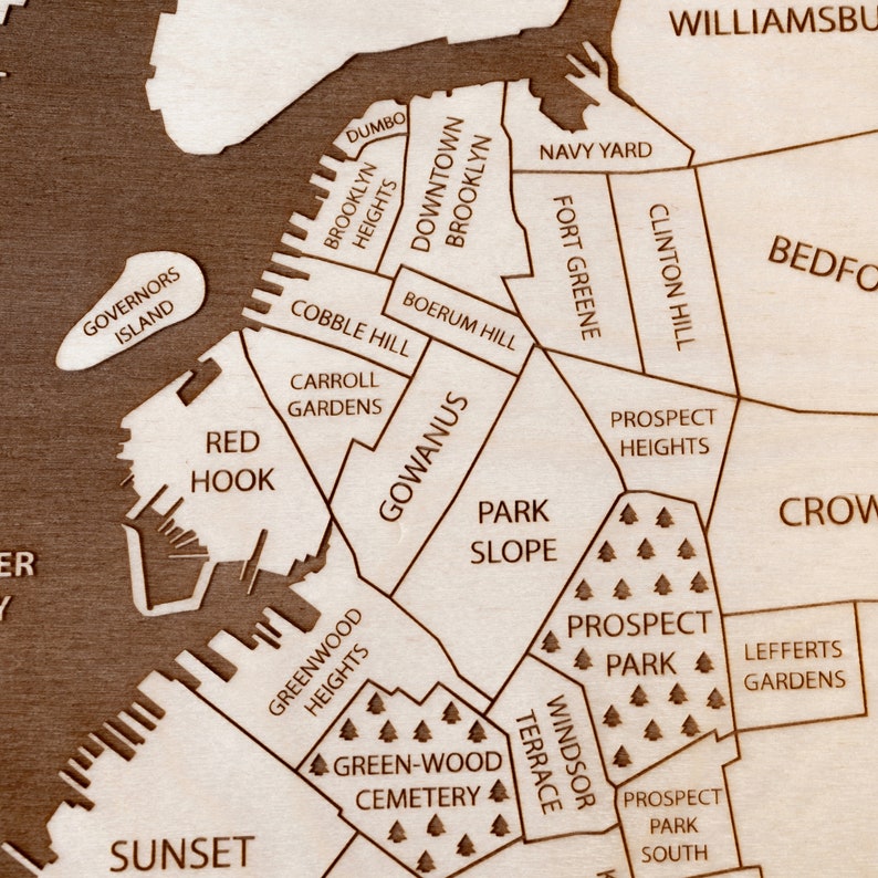 Brooklyn Map Art Engraved Wood Brooklyn Neighborhood Map Etsy