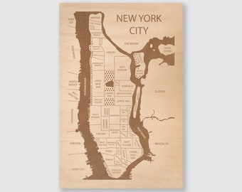 New York City Neighborhood Map, Wall Art Wood Map of New York City, NYC Map Framed, NYC Wedding Gift for Friend, Manhattan Map Art