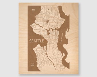 Seattle WA Engraved Wood Map, Seattle Washington Neighborhoods, Housewarming Gift