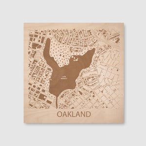 Oakland California Engraved Map: Baltic Birch Wood Wall Art, Lake Merritt