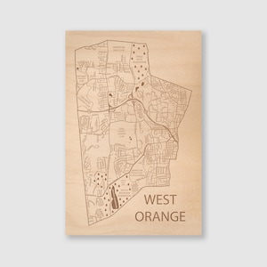 West Orange, New Jersey Map: Engraved Wood Local Home Decor