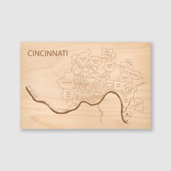 Cincinnati Engraved Wood Map, Personalized Wall Art