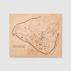Athens Ohio Laser Engraved Map: Baltic Birch Wood Wall Art, Personalized