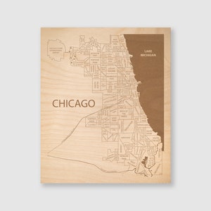 Chicago Map Wall Art, Map of Chicago Neighborhoods, Custom Map Art Framed, Realtor Gift Ideas, Wood Map Chicago Illinois image 1