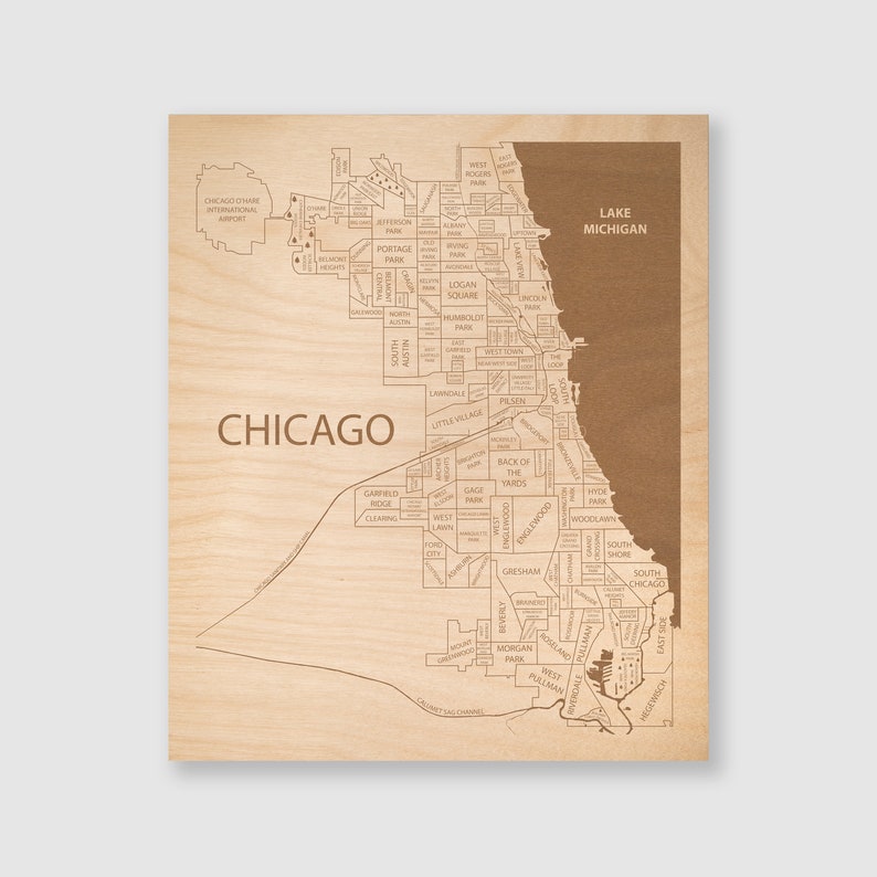 Chicago Map Wall Art, Map of Chicago Neighborhoods, Custom Map Art Framed, Realtor Gift Ideas, Wood Map Chicago Illinois image 1