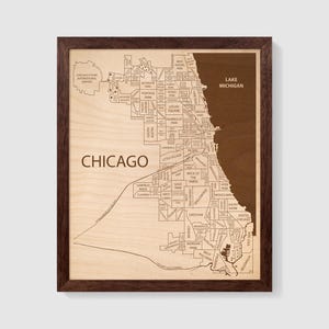 Art mural carte de Chicago, carte des quartiers de Chicago, art de la carte personnalisé encadré, idées cadeaux pour agent immobilier, carte en bois de Chicago, Illinois