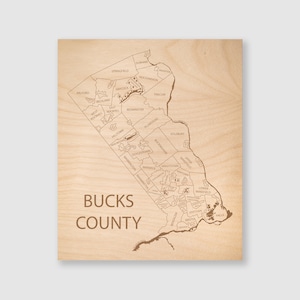 Carte du comté de Bucks - Suspension murale en Pennsylvanie - Bois gravé - 12 x 10