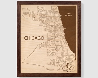 Chicago Map Wall Art, Mapa de vecindarios de Chicago, Arte de mapa personalizado enmarcado, Ideas de regalos para agentes inmobiliarios, Mapa de madera Chicago Illinois