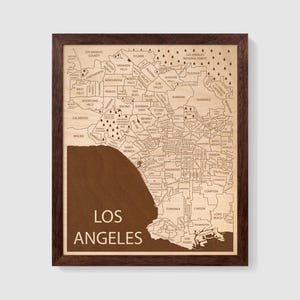 Art mural de la région de Los Angeles, art de la ville de Los Angeles en Californie, carte en bois gravée